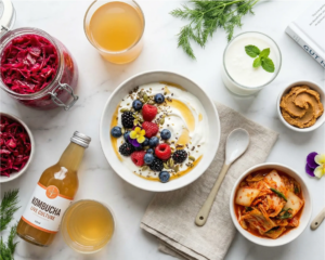 Probiotic fermented foods flat lay on marble countertop