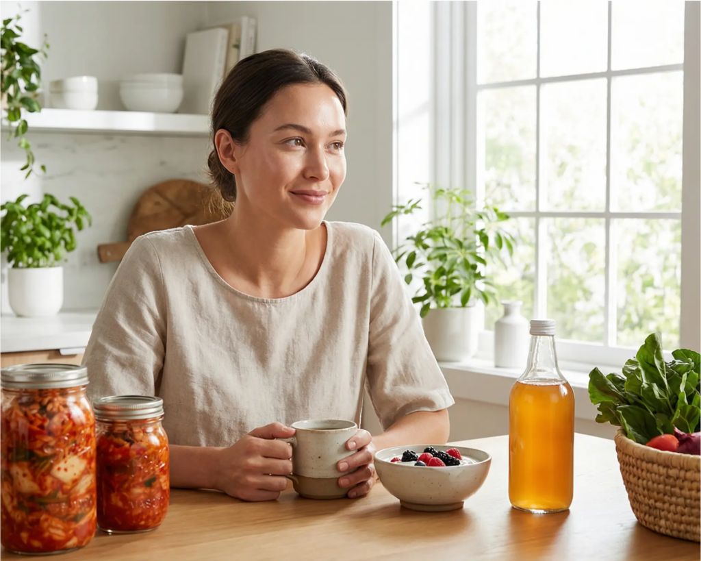 Woman with glowing skin and fermented foods in bright kitchen