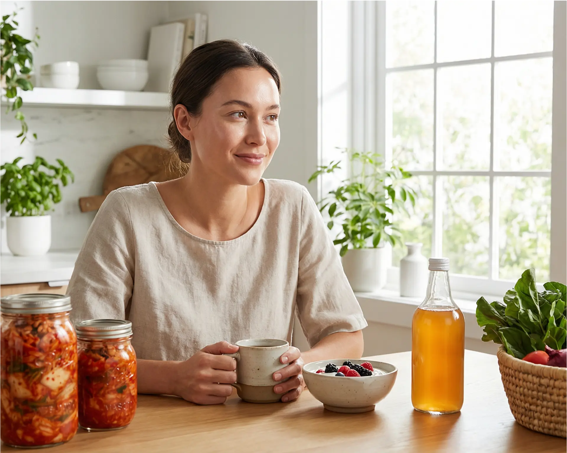 Woman with glowing skin and fermented foods in bright kitchen