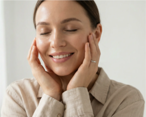 Woman with naturally glowing clear healthy skin wellness