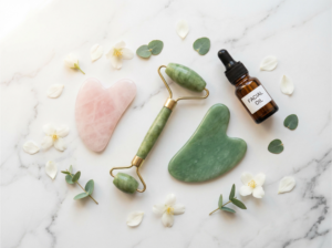 Gua sha tools rose quartz jade roller and facial oil on marble surface