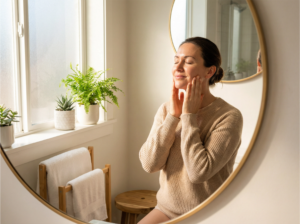 Woman doing facial massage self care routine at home with natural light
