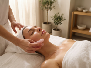 Woman receiving gua sha facial massage treatment with rose quartz tool
