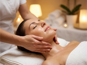 Woman receiving lymphatic drainage facial massage at spa with soft lighting