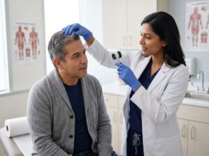 Dermatologist discussing hair shedding with a patient